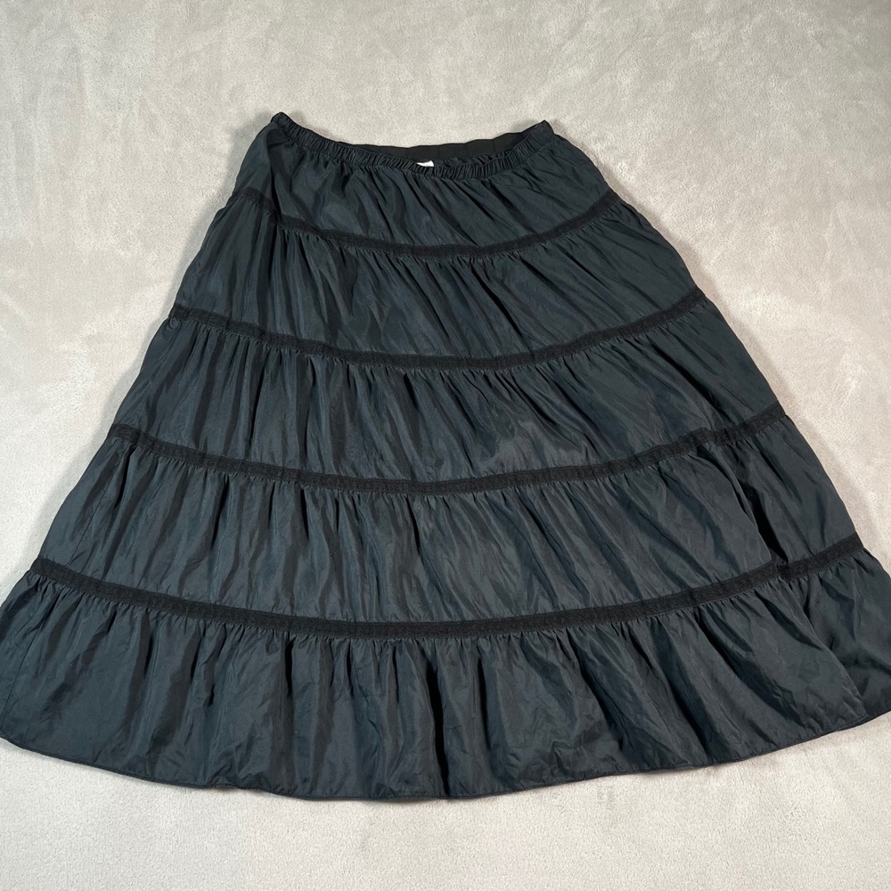 Garnet Hill Midi Skirt Womens 12 Black 100% Silk Tiered Lace Trim Elastic Waist